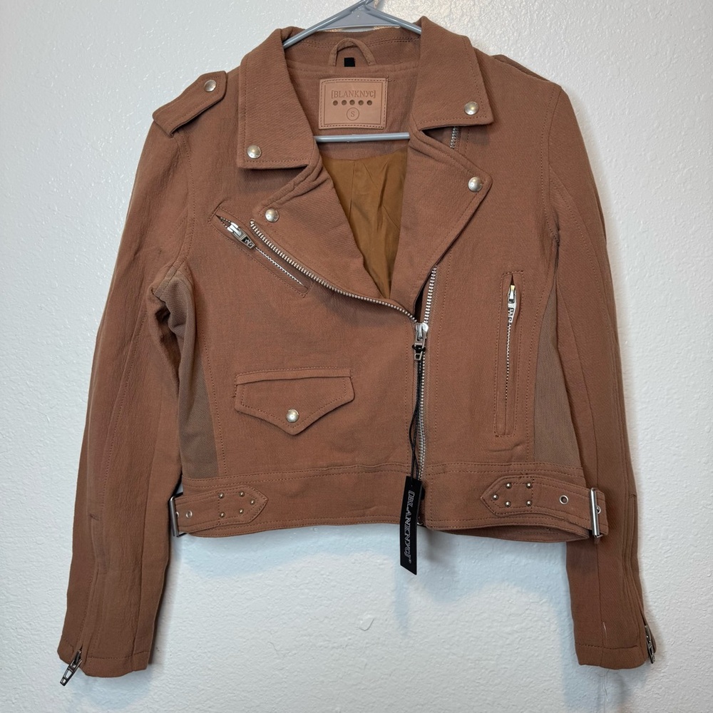 Blank NYC Textured Cotton Full Zip Tan Crepe Moto Jacket Size Small New Edgy